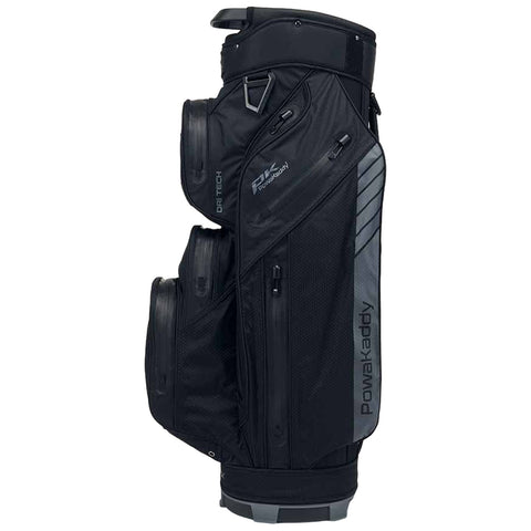 A black golf bag stands upright showcasing multiple compartments and a sleek design, featuring zippers and a logo, ideal for carrying golf clubs and accessories for a day on the course.