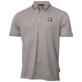 A light gray polo shirt features a collar with two buttons and short sleeves. It displays a DKNY logo on the left chest and has contrasting stripes on the collar.