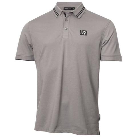 A light gray polo shirt features a collar with two buttons and short sleeves. It displays a DKNY logo on the left chest and has contrasting stripes on the collar.