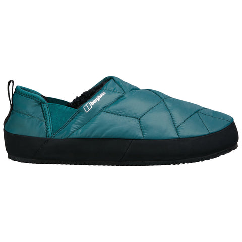 A teal slip-on shoe features a quilted upper and a black rubber sole designed for comfort and casual wear in indoor or outdoor settings.