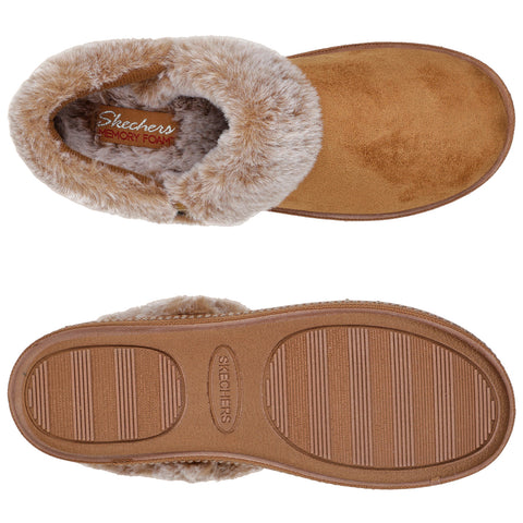 A brown slipper with a soft faux fur lining and a memory foam insole rests flat on a surface, showcasing both its cushioned upper and textured rubber sole designed for comfort.