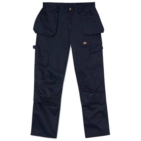 Navy blue cargo pants feature multiple pockets and a loose fit designed for utility while providing comfort in work or casual settings.