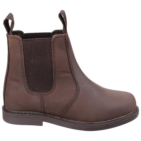 Brown leather ankle boot with elastic side panels and rear pull tabs standing upright against a plain background showcasing its simple design and functionality suitable for casual or formal wear.