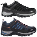 Two pairs of outdoor shoes are displayed side by side the top pair is black and grey with a waterproof label the bottom pair is navy blue and black also with a waterproof label