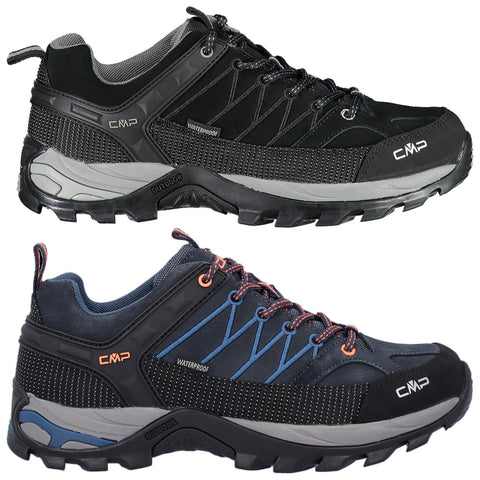 Two pairs of outdoor shoes are displayed side by side the top pair is black and grey with a waterproof label the bottom pair is navy blue and black also with a waterproof label