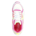 A colorful sneaker features a white base with pink and yellow accents laces are tied and the inner sole displays the text SKECHERS Air Cooled MEMORY FOAM