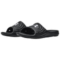 Black slide sandals are positioned side by side with open toes and a curved design featuring ventilation holes showcasing a white logo on the upper part suitable for casual wear or pool use