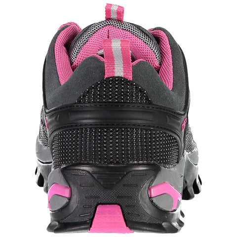 A black and pink athletic shoe is positioned upright showcasing its back with a textured fabric surface and a pink stripe on the heel area in a neutral setting