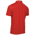 A red polo shirt is displayed from the back showcasing its short sleeves and a collar emphasizing a casual, sporty style in a plain white background.