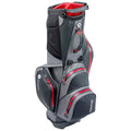 A golf bag stands upright with multiple zippered compartments and a sleek design in black and gray with red accents providing storage for golf clubs and accessories in an organized manner.