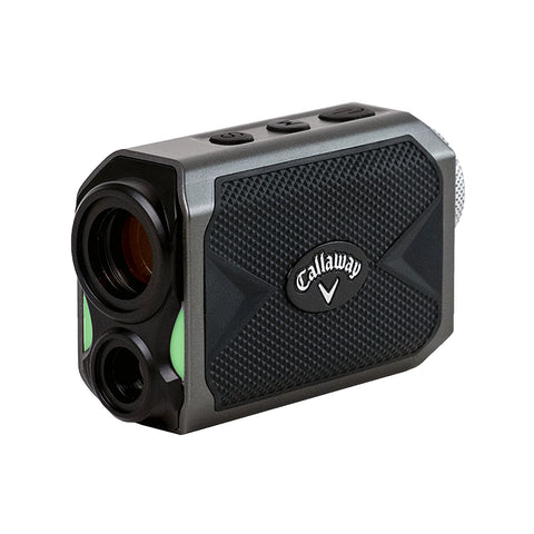 A compact golf rangefinder features dual lenses with a textured black exterior and buttons on top for functionality designed for measuring distances on golf courses.