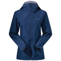 A navy blue waterproof jacket is displayed hanging unzipped with a hood and long sleeves designed for outdoor activities in wet weather. The background is plain and non-distracting.