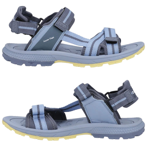 A pair of gray outdoor sandals showcases adjustable straps and a rugged sole. The design features blue accents and a cushioned footbed suitable for various terrains and activities.