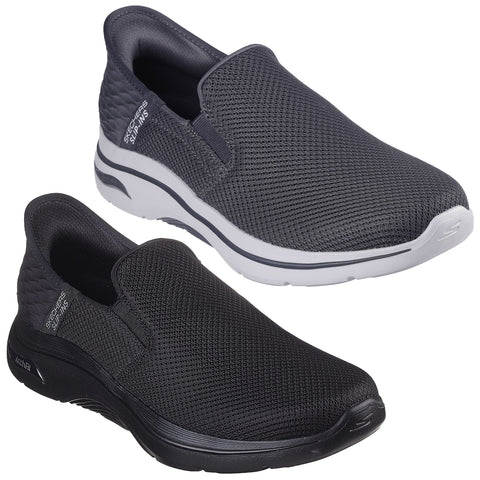 Two pairs of Skechers slip-on shoes are displayed. One pair is dark gray with a white sole while the other is solid black. The shoes are designed for comfort and ease of wear.