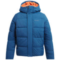 A blue puffer jacket with an attached hood and orange lining is displayed frontally featuring a zip closure and stitched panels indicating warmth and comfort suitable for cold weather.