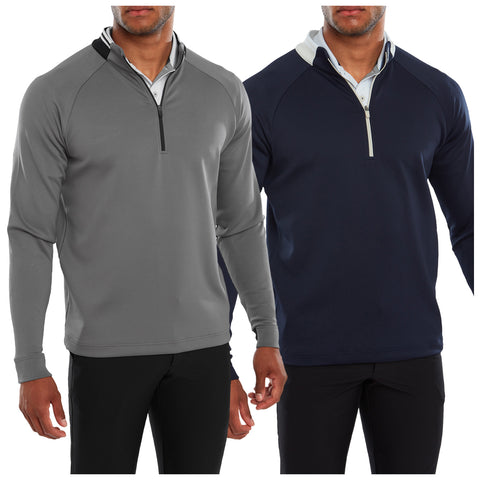 Two men are wearing long-sleeve pullover shirts in gray and navy colors both featuring half-zip fronts with a white collar underneath standing against a plain background.