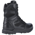 A black tactical boot features a high top design with a combination of leather and mesh for breathability while showcasing a rugged sole for traction in outdoor environments