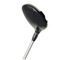 A black golf club head with a slim metal shaft is displayed upright showcasing its smooth surface and adjustable settings near the handle against a plain white background.