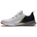 A white sneaker with a textured black heel and vibrant orange accents is displayed from the side showcasing its design features and specialized outsole for traction.