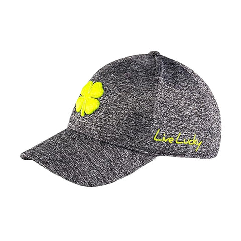 A gray cap features a yellow four-leaf clover design and the text Live Lucky embroidered in bright yellow on the side, suitable for casual outdoor wear.