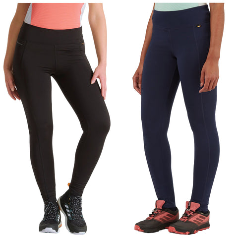 Two pairs of women’s athletic leggings are displayed side by side one is black with a high waistband and the other is dark blue both paired with different running shoes.