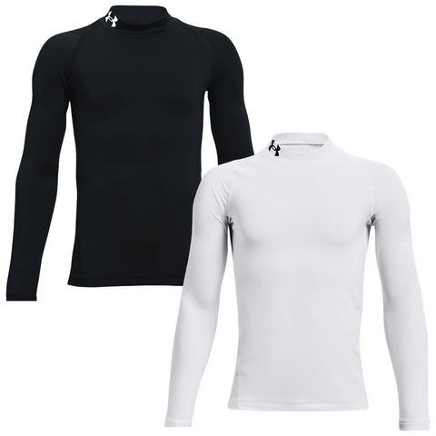 Two long-sleeved athletic shirts are displayed side by side one is black and the other is white both have a high neckline and a logo near the collar.