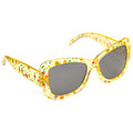 Colorful flower-patterned sunglasses with dark lenses rest at an angle showcasing the vibrant yellow frame adorned with various floral designs suggesting a playful summer or outdoor theme.