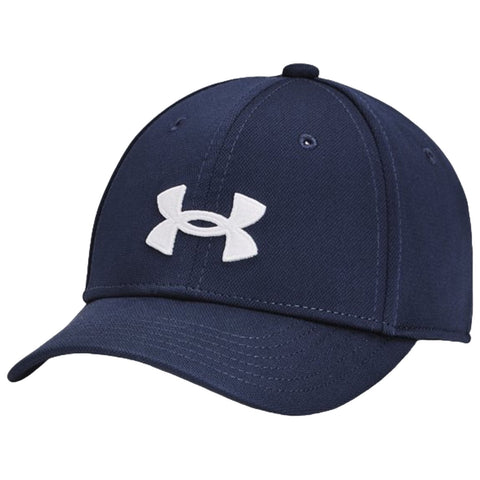 A navy blue baseball cap features a white Under Armour logo on the front it is displayed against a plain background likely intended for promotional purposes or online sale.