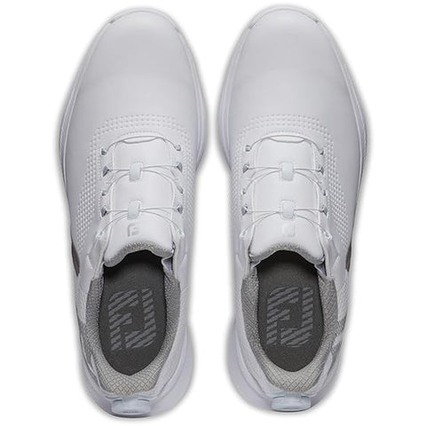 A pair of white athletic shoes features a sleek design with a textured upper and elastic laces positioned on a neutral background for display.