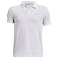 A short-sleeved white polo shirt is displayed upright with a buttoned collar showcasing a subtle grey logo on the left side emphasizing a casual yet athletic style in apparel.