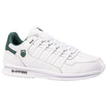 A white athletic shoe features green accents and a sleek design with multiple lace loops and a cushioned sole positioned on a plain white background.