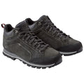 Two pairs of dark gray hiking shoes rest side by side on a plain background featuring a suede upper rubber sole and laces designed for outdoor activities.