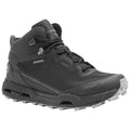 A rugged black hiking shoe features a waterproof design with a sturdy sole and aggressive tread. It is secured with laces and designed for outdoor activities in varying terrains.