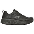 A black athletic shoe displays a textured surface with a prominent brand logo The shoe is positioned on a neutral background emphasizing its design features and intended use for work or casual settings