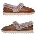 Brown slippers with a fluffy brown lining are displayed side by side showcasing a soft upper material and a textured sole designed for comfort and indoors use.