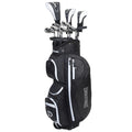 A black golf bag stands upright featuring several clubs partially visible at the top multiple zippered pockets are present on the front side indicating storage for accessories and equipment.