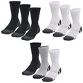 Six pairs of socks are displayed with three pairs in black and three pairs in white positioned in two rows showcasing a sporty design and contrasting colors against a neutral background.