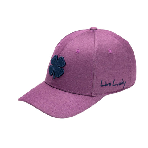 A purple cap features a green four-leaf clover design on the front and the phrase Live Lucky embroidered on the side, suitable for casual or outdoor wear.