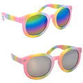 Colorful sunglasses with mirrored lenses sit prominently. The top pair features vibrant blue and green reflections while the bottom pair has gray lenses. Both have a playful pastel rainbow frame.