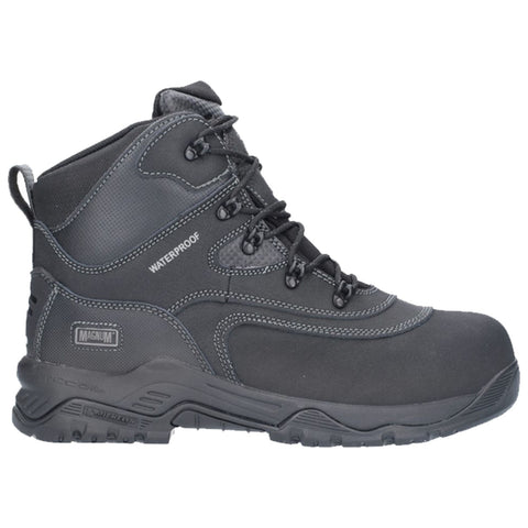 Black waterproof boot designed for outdoor use showcasing a sturdy sole and high ankle support with laces threaded through plastic eyelets standing against a plain white background