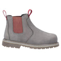 A gray ankle boot has a robust design featuring elastic side panels and red pull tabs. It is positioned upright on a flat surface, showcasing its textured sole and sturdy construction.