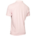 A light pink polo shirt is displayed from the back showcasing its smooth fabric and short sleeves in a simple design without any visible graphics or patterns