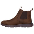 A brown Chelsea boot featuring a smooth leather surface elastic side panels and pull tabs designed for easy wear displayed against a plain background