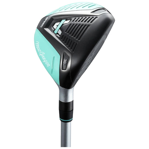 A golf club with a black and aqua head is displayed vertically showcasing its angled face and a numeric adjustment setting marked 30 on the side with a sleek metallic shaft.