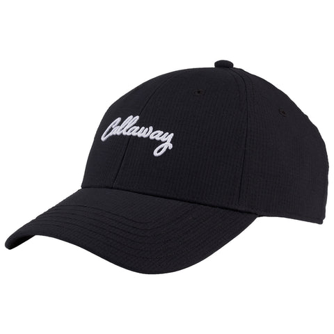 A black cap is displayed with a curved brim featuring the word Callaway embroidered in white cursive script on the front showcasing a sporty and casual style.