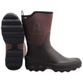 Rubber boots are positioned upright displaying a brown and dark green color scheme with a textured sole designed for traction set against a plain white background.