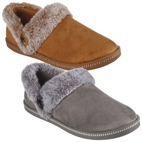 Two pairs of cozy slippers stand side by side one brown with a fluffy collar and one gray with a similar collar showcasing a comfortable home footwear option.