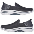 A pair of gray slip-on shoes features a breathable mesh upper with a cushioned sole labeled Arch Fit showcasing comfort and support placed against a neutral background.