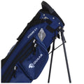 A blue golf carry bag stands upright with a built-in support system featuring multiple zippered pockets for storage and displaying the brand name Cougar and model XTREME 6.5.