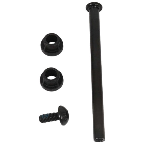 A long black metal rod is placed upright among two black rubber washers and a short black screw with a slightly rounded head on a plain background.